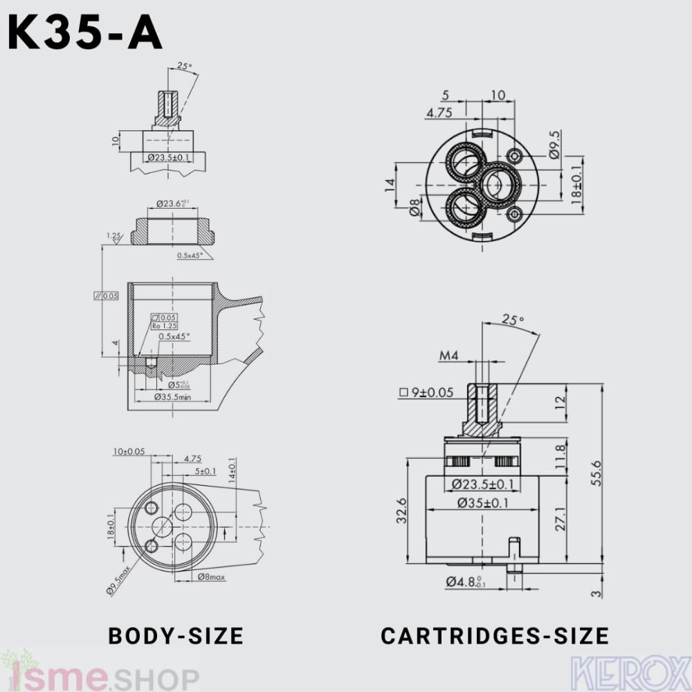 Schläfer 48004 | Cartucho de grifo mezclador de 35 mm de repuesto de cerámica para mezclador monomando K35-A Kerox baja con 2 patas, ducha, lavabo, bidé, bañera, cocina, baño de 3 piezas.