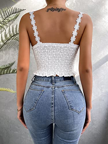 Romwe Women's Lace V Neck Eyelet Embroidery Crop Cami Top Shirred Sleeveless Bralette Tops Wihte M #TOP1