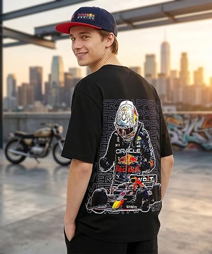 Image of Men's Cotton Oversized T-Shirt - Relaxed Fit Half Sleeve F1 Graphic Print Tee for Streetwear & Casual Outings - Black