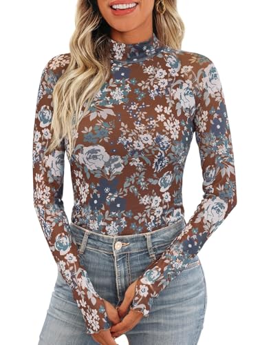 iGENJUN Lace Long Sleeve Shirts Floral Mesh Mock Neck Going Out Tops for Women Business Casual Fashion Fall Outfits 2025