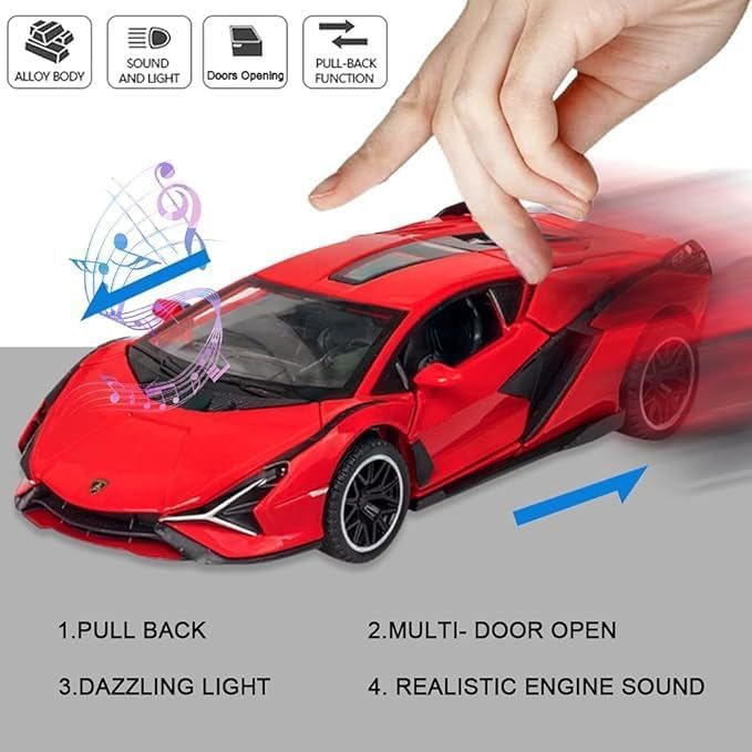 Image of 1:32 Lamborghini Sian Die-cast Metal Toy Car Pull Back Super Car with Openable Doors, Sound & Light for Kids (Red)