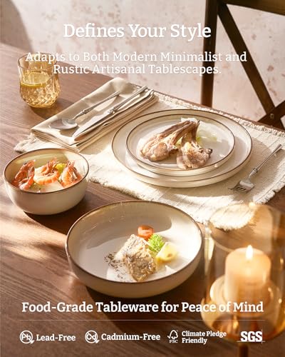 Image of Famiware Milkyway Stoneware Dinnerware Set, 18-Piece, Double Reactive Glaze, Plates and Bowls, Service for 6, Microwave and Dishwasher Safe, Scratch-Resistant, Light khaki