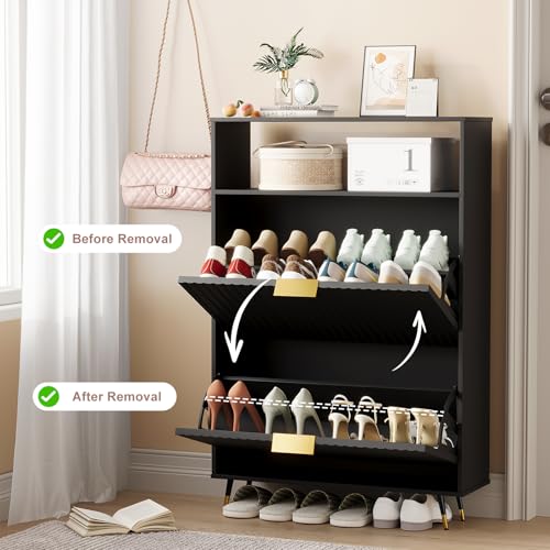 Urban Deco Shoe Storage Cabinet for Entryway, Wooden Organizer Shoe Cabinet with 2 Flip Drawers, Elegant 2 Tier Freestanding Shoe Organizer (Black)