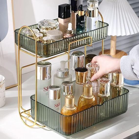 KRLZ Bathroom Organizer Countertop,Vanity Organizer Basket with Sliding Tray,2-Tier Makeup Organizer and Storage,Cosmetic Display Cases, Kitchen Counter Organizers Spice Rack