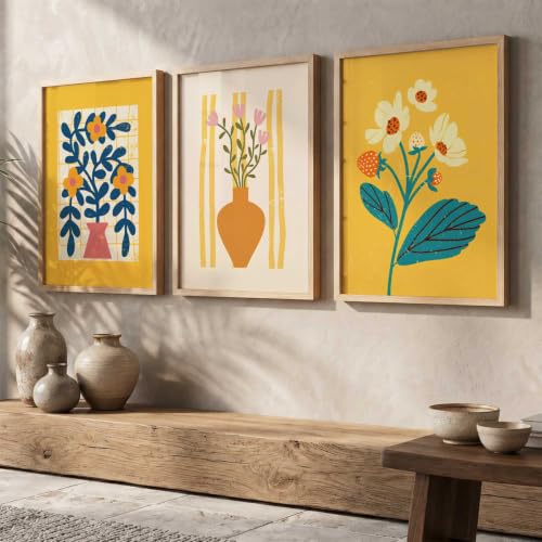 Image of kotart Aesthetic Floral Art Home Decoration | Boho Floral Paintings With Frame For Living Room Bed Room Hotel Wall Decor Digital Reprint Set of 3 (14x20 Inch)
