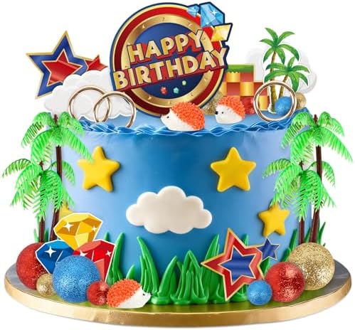 28 Pcs Hedgehog Cake Toppers Blue Cartoon Themed Birthday Cake De...
