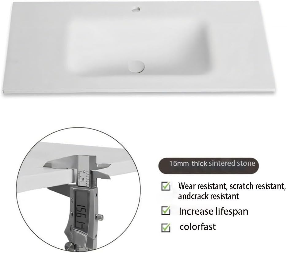 Sintered Stone Bathroom Vanity Sink Top, One-Piece Rectangular Integrated Basin Countertop with Single Faucet Hole, Modern Durable Bathroom Vanity Sink Surface (White A, 60cm)