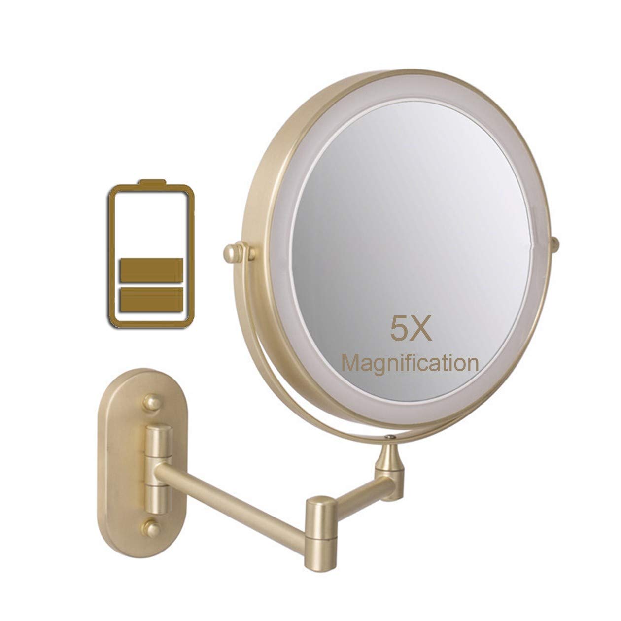 ZJBB Espejo Bano LED Espejo Maquillaje con Luz Pared en Aumento 10x, Espejo Tocador Dorado Doble Cara Giratoria de 360 °, Espejo de Baño con 3 Configuraciones de Iluminación, 8 Pulgadas5X