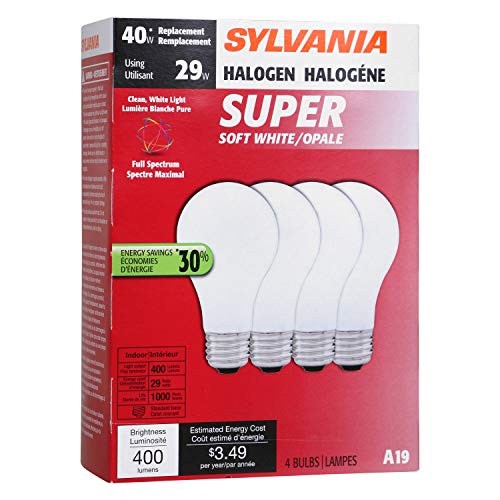 Sylvania Home Lighting 52190 Tungsten Halogen Bulb, A19-40W-2700K, Soft White Finish, Medium Base, Pack Of 4 #TOP2