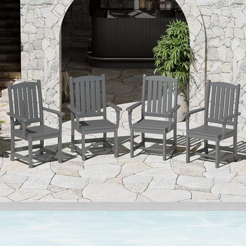 Image of ROCSUMOO Outdoor HDPE Dining Chair Set of 4, Patio Chairs Set with Armrest, All-Weather Durable Outdoor Furniture for Backyard, Garden, Lawn & Poolside, Grey (4 Chairs)