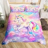 Homemissing Floral Druckened Einhorn Bettwäsche Set 135x200cm RainSchleifen Bettwäsche-Set Glitter Einhorn Bettbezug mit 1 Kissenbezug Cute Tier Dekor mit Reißverschluss