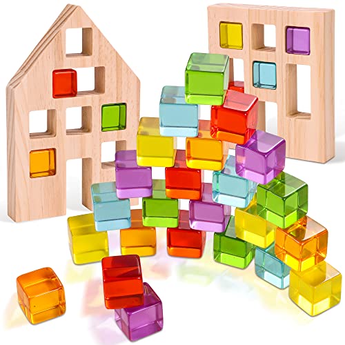 Wooden Building Blocks Set for Kids, 24 PCS Rainbow Gem Cubes Stacking Blocks – 2 Wood House, Montessori Stacking Toy for Toddlers, Educational STEM Learning Toy for Boys Girls 3-6
