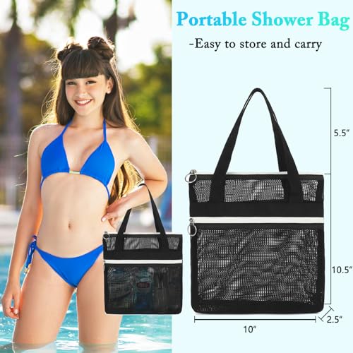 Fammart Mesh Shower Caddy Portable with Zipper & 2 Pockets - Quick Dry Shower Bag Toiletry Tote Hanging for Travel Gym Camp Beach - Organizer Bag Bathroom Essentials for College Dorm - Thumbnail 3