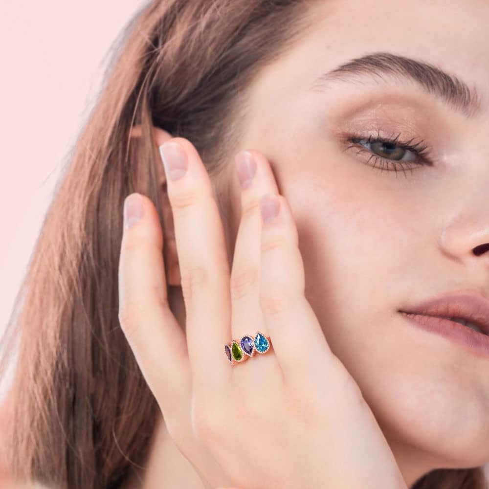 Personalized Sterling Silver 1 2 3 4 5 Teardrop Birthstone Engagement Ring for Women Custom Blue Topaz Amethyst Emerald Sapphire Diamond Garnet Gemstone Birthstone Ring for Her Women's Ring