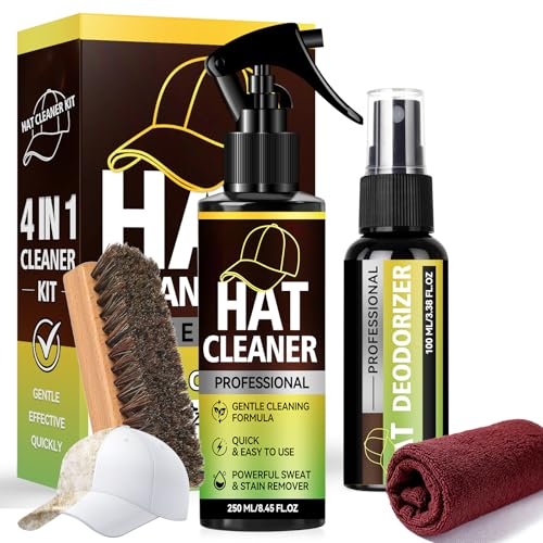 Hat Cleaning Kit, Professional 4-in-1 Hat Cleaner & Deodorizer Spray, Includes Soft Brush & Microfiber Cloth, for Baseball, Trucker, Felt, Wool, Dad Hats, No Water Needed, Remove Stains & Odors