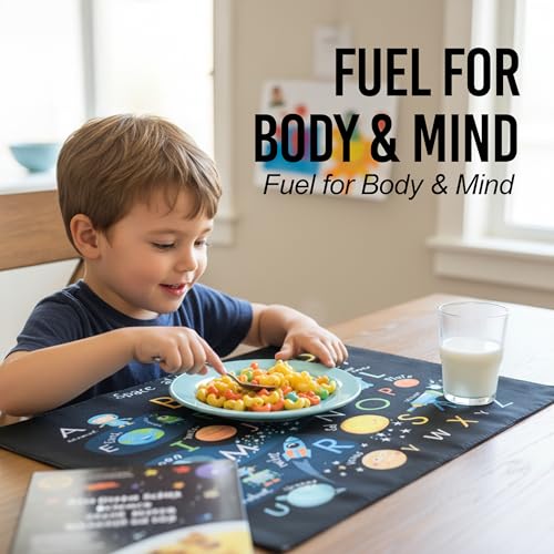 Image of Dining Cloth Table Mats Set of 4 - Alphabet Kids Theme,Digital Print, Washable, Indoor /Outdoor, Heat-Proof, Water Resistant, Wipe & Clean (47X33 cm) Black
