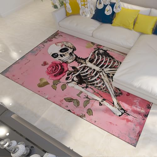 Tapis dégradé à poils bas rose fleuri skeleton forme crâne gothique 60x90
