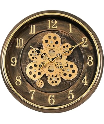 Image of Vintage Rotating, Big Size Moving Gears Wall Clock, (40 cms) 16 Inch Round Brown Mechanical Gear Design, Decorative Analog Clock for Living Room Office Hall