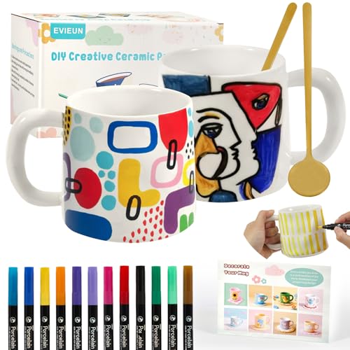 EVIEUN Juego de Pintura de Cerámica,Blanco Taza Para Pintar Kits,Incluye 2 Tazas 350ML,12 Rotuladores de Pintura y 2 Cucharas, Creatividad Para Adultos Kit de Manualidades