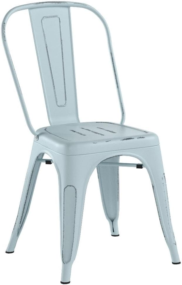 Furniwell Metal Dining Chairs Indoor Outdoor Use Stackable Tolix Industrial Metal Chairs Set of 4 for Kitchen, Dining Room, Bistro and Cafe (Distressed Blue)