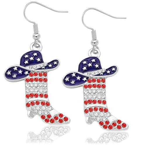 4th of July Earrings Rhinestone Western Boots Independence Earring Cowgirl Cowboy Enamel Hat Bohemian Rodeo Boot Drop Dangle Ear rings for Women,White Red Crystal,Silver & American Flag Hat