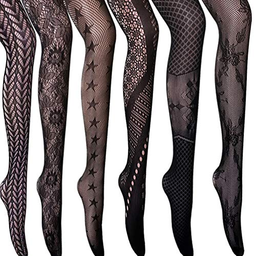 Junhouse 6 Paar Damen Strumpfhose Netzstrumpfhosen Feinstrumpfhosen Nahtlos Netzs Leggings Muster Elastisch Schwarz