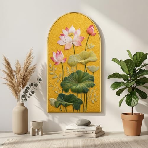 Image of Livin'luxe Lotus Flower Wall Painting for Living Room, Yellow Botanical Artwork with PVC Golden Frame, Premium Decorative Wall Art for Home, Bedroom, Office & Gift (30 x 16 Inch) RPNL-01-90