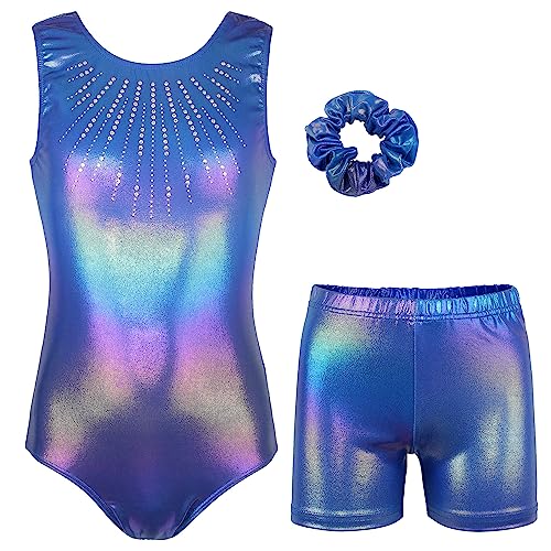 Image of MODAFANS Leotards for Girls Gymnastics with Shorts Dance unitards Tumbling Biketards with Hair Scrunchie for3-13T