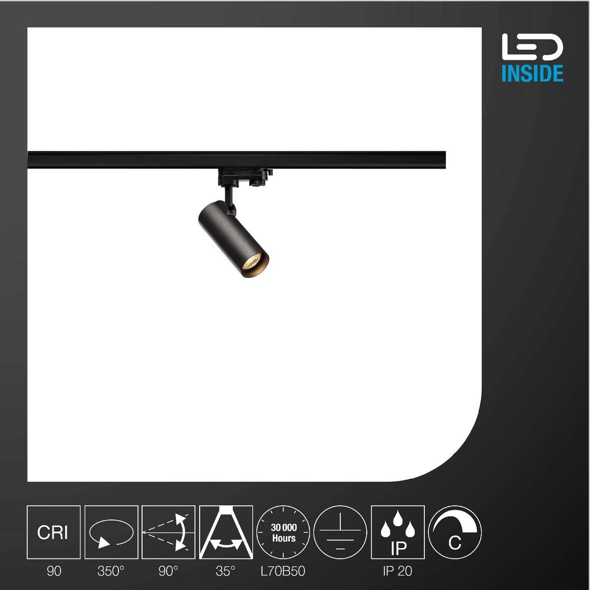 SLV luminaria para sistema trifásico HELIA 50 / proyector led trifásico, foco, proyector de techo, luminaria de techo, sistema de carril, iluminación de interior / 3000 K 11 W 750 lm negro 35 grados