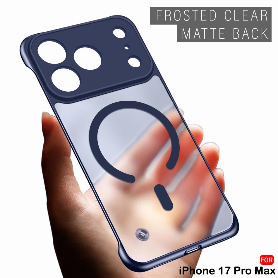 Image of TheGiftKart Hybrid Ultimate Slim Back Case Cover for iPhone 17 Pro Max Compatible with Magsafe | Lightweight Profile | Frosted Matte Translucent Hard Cover for iPhone 17 Pro Max (PC & TPU, Blue Sides)