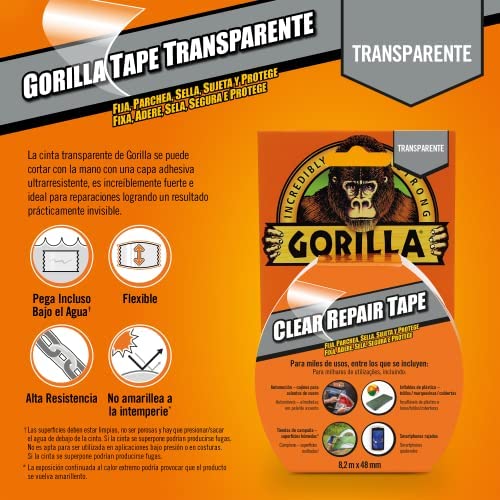 Miniatura 4 de Gorilla Tape Cinta Americana Transparente, 8,2m X 48mm Pega Incluso Bajo Al Agua Alta Resistencia Y Flexible No Amarillea A La Intemperie