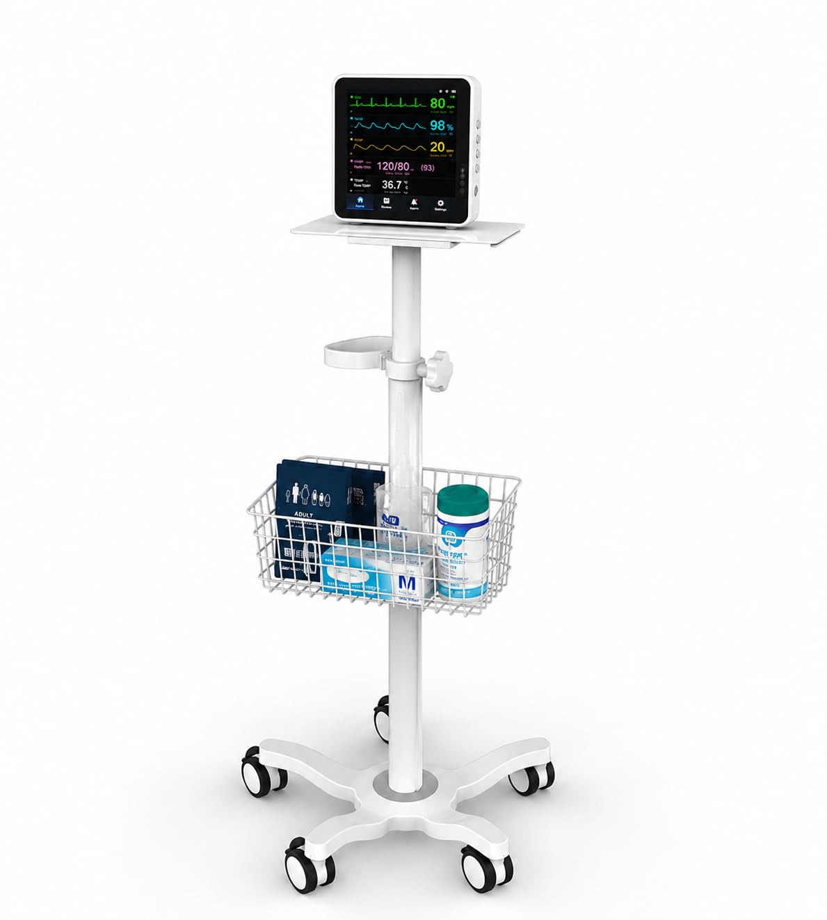 Mount Plus X3 Height Adjustable Aluminium Rolling Stand for Patient Monitor Medical Trolley Cart with Basket and and Locking Casters for Dental Office, Hospital, Clinic