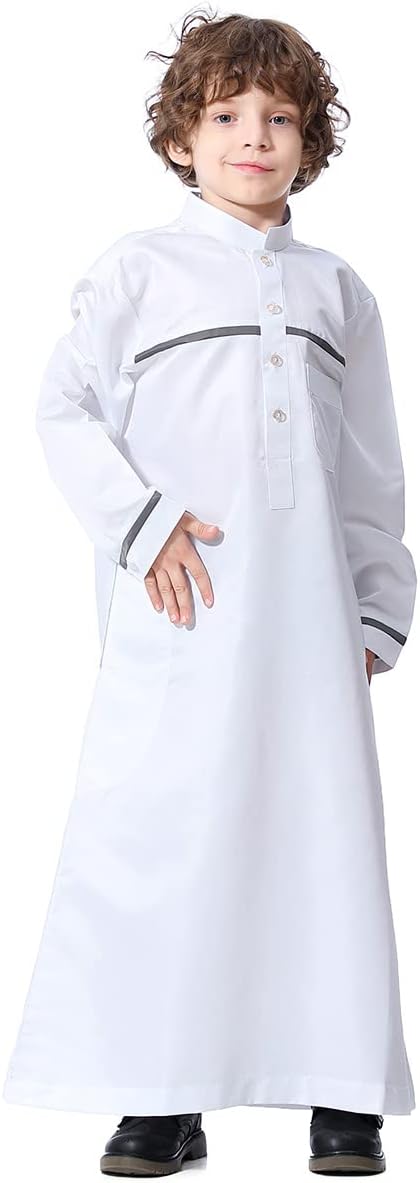 Boy's Muslim Arab Islamic Kaftan Embroidered Robe Solid Color Thobe Islamic Arabic Abaya Ethnic Dress With Pockets