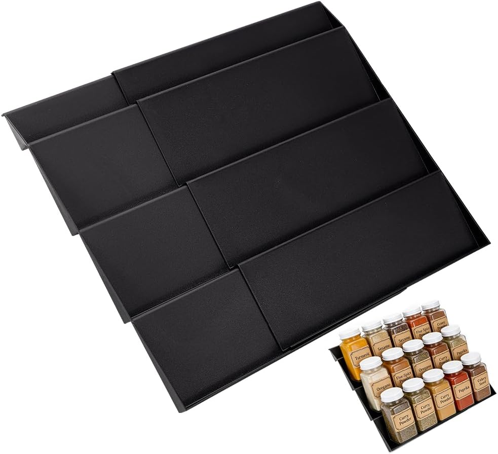 AHANDMAKER Spice Drawer Organizer, 3 Tier Expandable Spice Rack Storage Organizer Adjustable Plastic Spices Display Shelf for Kitchen Pantry Cabinet Countertop Cupboard Organization, Black