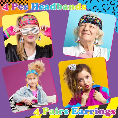 80S 90S Accessories for Women 4 Pairs Retro Earrings 4 PCS Headbands 80S Stylish Girl Neon Earrings Cassette Tape Acrylic Drop Dangle 90S Hair Accessories Vintage Headbands Soft Elastic Sweat4