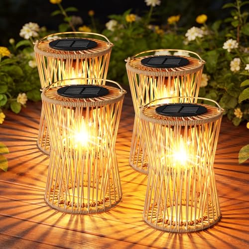 AOUNQ Solar Lanterns Outdoor Waterproof 4 Pack, Upgraded Rattan Hanging