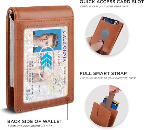 Image of Contacts Genuine Leather Money Clip Wallet Slim Front Pocket RFID Blocking Card Holder Minimalist Mini Bifold for Men's with Smart Pull Strap 8 Card Slots Photo ID (Temp)