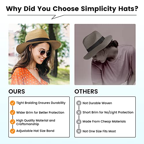 Simplicity Beach Hats For Women Fedora Hats Women Sun Hat Men Straw Hat With Chin Strap Cute Panama Sun Hat,Light Brown/Black Thread Belt #TOP4