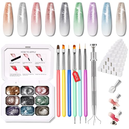 Karroy Sponge Pat Paint Nail Gel, 9 Colors Ombre Nails Gradient Gel Nail Blush Blooming Aura Nails Drawing Stripper Floral Painting Nail Art, No Wipe, UV/LED Curing (9 Colors J)