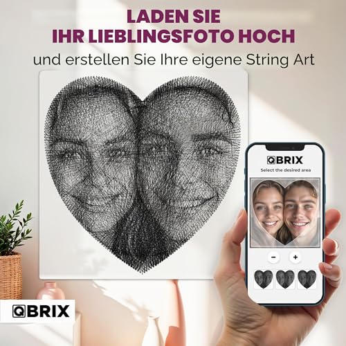 QBRIX Herz – String Art Fadenbild DIY | personalisiertes Geschenk | eigenes Foto als Garnbild | Wunschmotiv | Wandbild (Herz Form 50×50 cm)