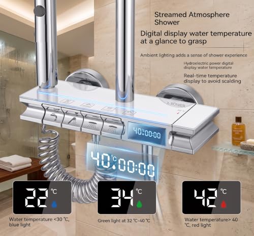 Image of X-XONIER Thermostatic Shower Panel 4 in 1 with Temperature Display 3 Ways Hand Shower Led Light Digital LED Display Hot & Cold Mixer Overhead & Ambient Lighting Jet Spray White