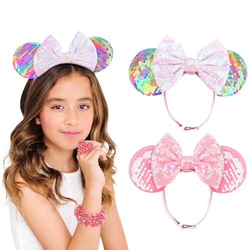 Image of DRESHOW Minnie Ears Headbands Mouse Ears Sequin Bow Headbands Elastic Adjustable Headband Glitter Party Decoration Cosplay Costume for Women