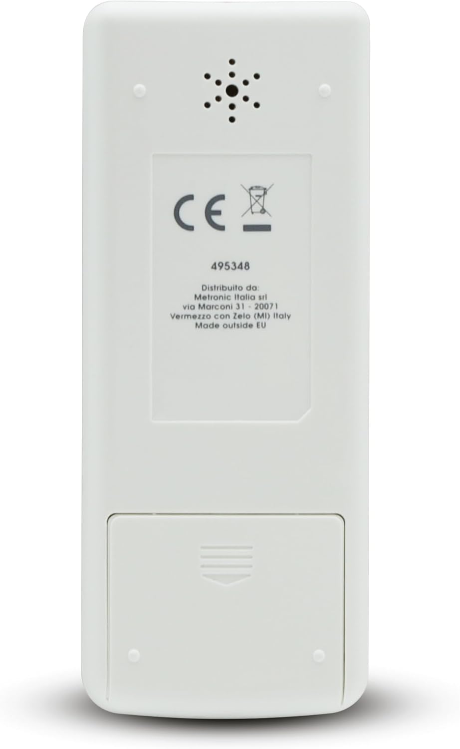 Back view of the Metronic 495348 Universal Remote Control, showing the battery compartment.