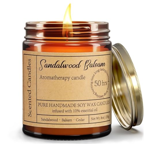 【4.0 | 43】Sandalwood Balsam Candles for Home Scented - 8oz Natural Soy Candles Aromatherapy Candle Gift for Men and Women Relaxation Anxiety Stress Relief, Enjoy a Relax Candle with 50 Hour Burn Time