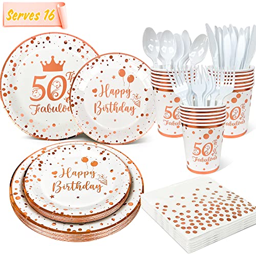 Décorations de Fête d'Anniversaire 50 Ans, 112pcs 50ans Rose Or Party Vaisselle Set-Assiettes de Fête 50e Anniversaire Gobelets en Papier Or Rose Serviette etc Pink Gold Party Supplies pour Femme Cover