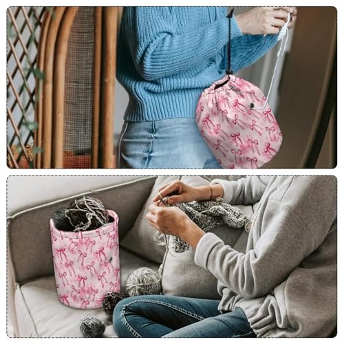 Image of Sellikakes Pink Bow Yarn Organizer Bag Tropical Flower Storage Holder for Crochet Hooks Needles Store Skein Ball Short Knitting Needles