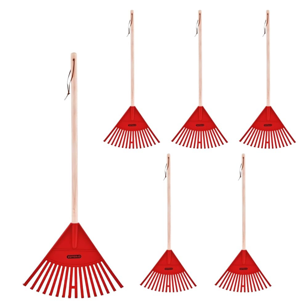 Superio Kids Leaf Rake, 34-Inch Lawn &amp; Garden Rake with Hardwood Handle and Durable Plastic Head, Leaf Cleanup Tool, Red 6 Pack