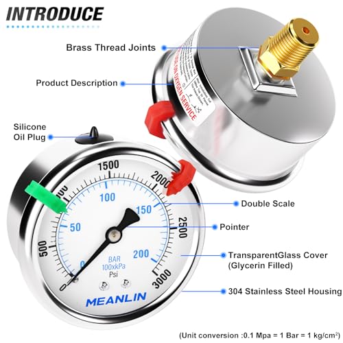 Image of MEANLIN MEASURE 0~3000Psi Liquid Filled Pressure Gauge 1 /4 inch NPT 2.5 inch FACE DIAL Stainless Steel Glycerin Filled WOG Water Oil Air Back Mount (with 2PCS Snaps)