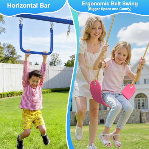 Image of 5-in-1 Kids Swing Set Slide, Saucer, Trapeze, Belt Swing and Basketball Hoop, Heavy Duty 600lbs, Metal Swing Sets for Backyard Ages 3-12