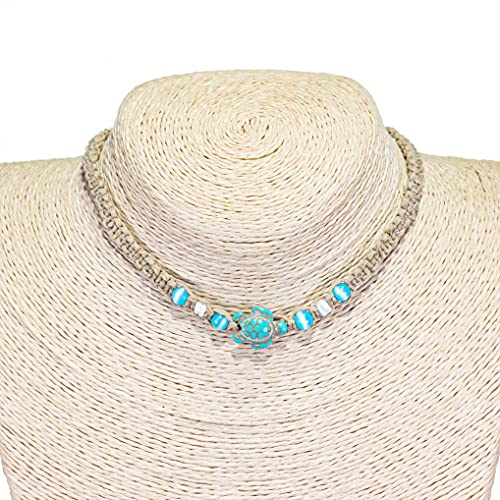 BlueRica Hemp Choker Necklace with Blue Cat's Eye, Puka Shell Beads & Turquoise Sea Turtle2